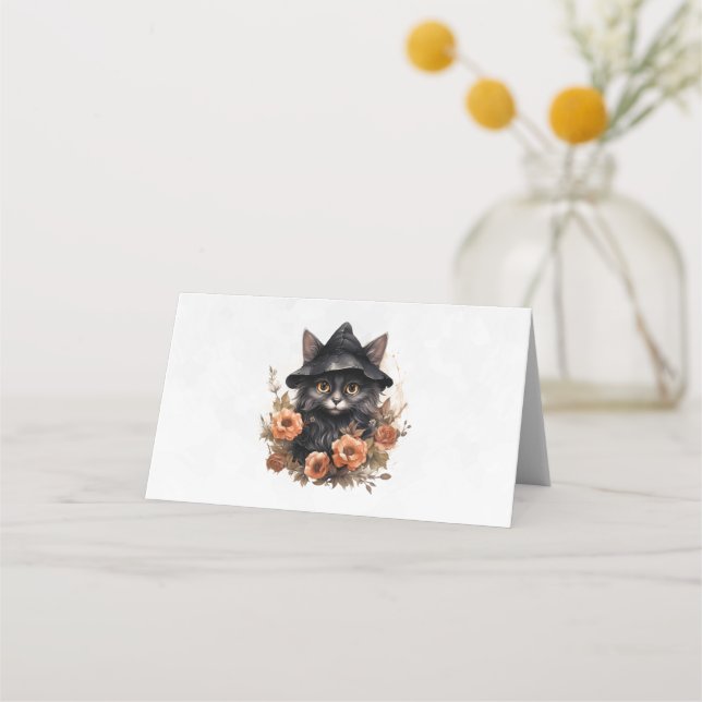 Cute Black Cat i en Witch Hat Placeringskort (Framsida)