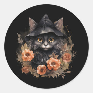 Cute Black Cat i en Witch Hat Runt Klistermärke