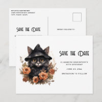 Cute Black Cat i en Witch Hat Save Date