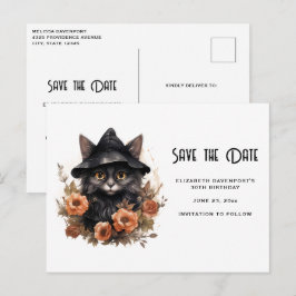 Cute Black Cat i en Witch Hat Save Date Inbjudan Vykort