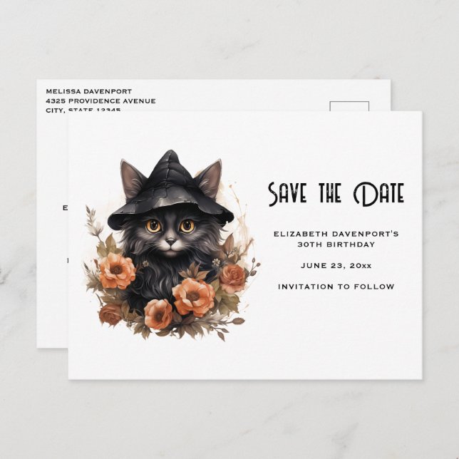 Cute Black Cat i en Witch Hat Save Date Inbjudan Vykort (Fram/baksida)