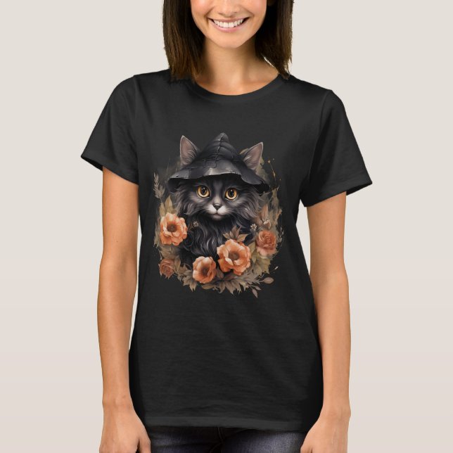 Cute Black Cat i en Witch Hat T Shirt (Framsida)