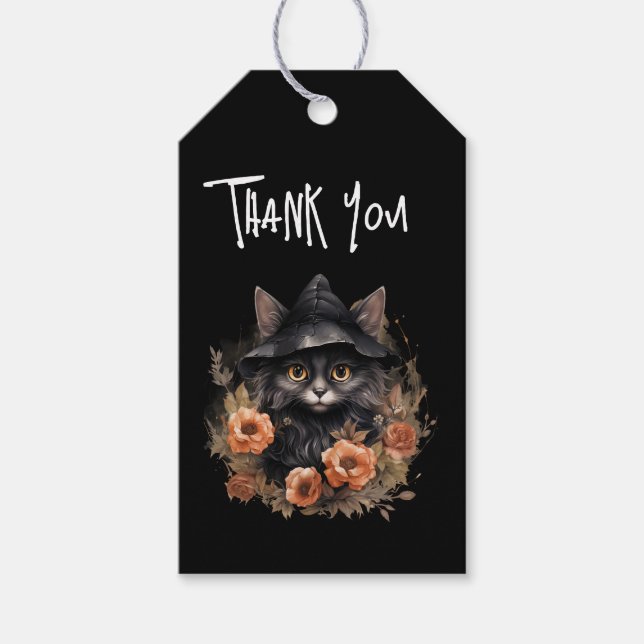 Cute Black Cat i en Witch Hat-Tack Presentetikett (Framsidan)