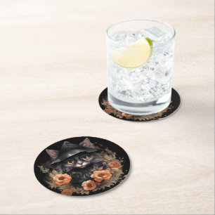 Cute Black Cat i en Witch Hat Underlägg Papper Rund