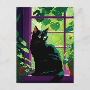Cute Black Cat i ett fönster Vykort