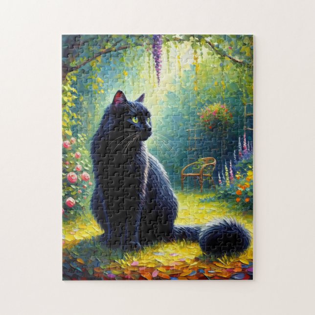 Cute Black Cat i Garden-Oljemålningen Pussel (Vertikal)