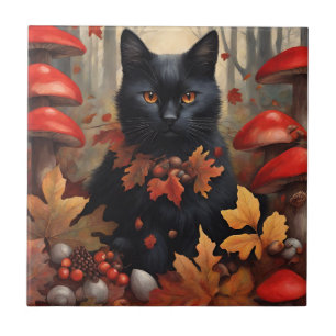 Cute Black Cat i höstskogen Kakelplatta