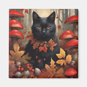 Cute Black Cat i höstskogen Magnet