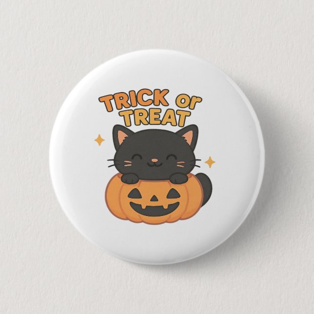 Cute Black Cat i Pumpkin - Bus eller godis Kawaii Knapp (Framsida)