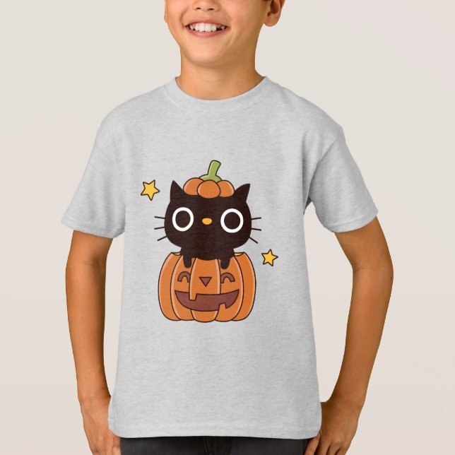 Cute Black Cat i Pumpkin Carving Happy halloween T Shirt (Framsida)
