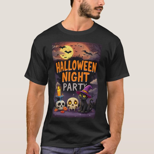 Cute Black Cat i Witch Hat Halloween Night Party T Shirt (Framsida)