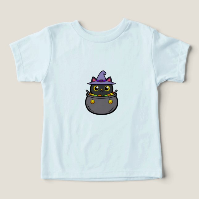 Cute Black Cat i Witch Hat Halloween Vector Art T Shirt (Design Framsida)