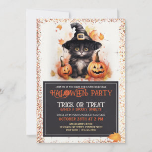 Cute Black Cat i Witch Hat Kids Halloween fest Inbjudningar
