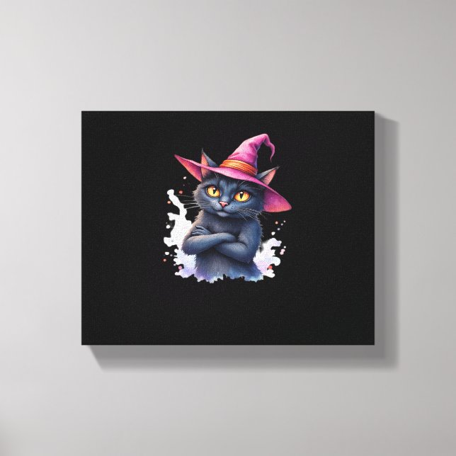 Cute Black Cat i Witch Hat - Magic Halloween Ar Canvastryck (Framsida)