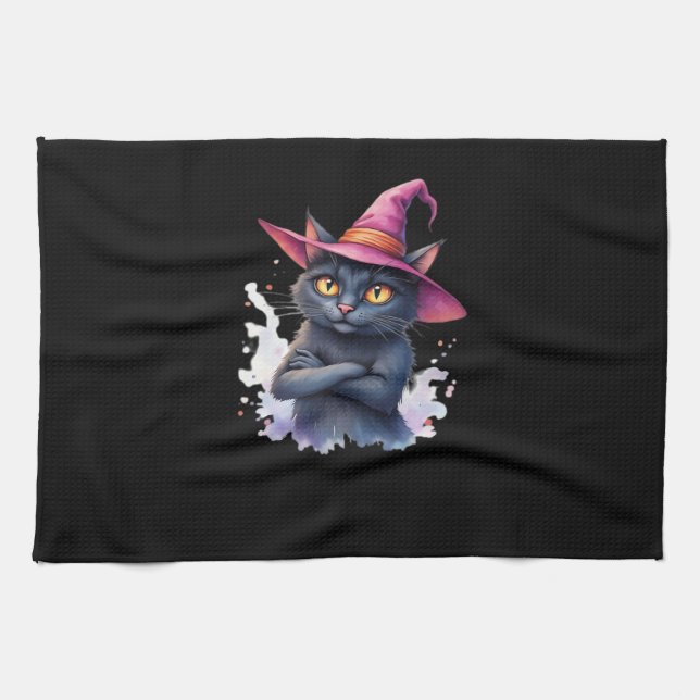 Cute Black Cat i Witch Hat - Magic Halloween Ar Kökshandduk (Horisontell)