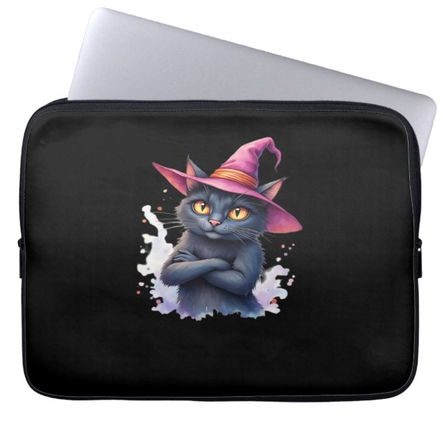 Cute Black Cat i Witch Hat - Magic Halloween Ar Laptop Fodral (Framsidan)