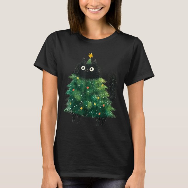 Cute Black Cat In Christmas Tree Cat Lover Holiday T Shirt (Framsida)
