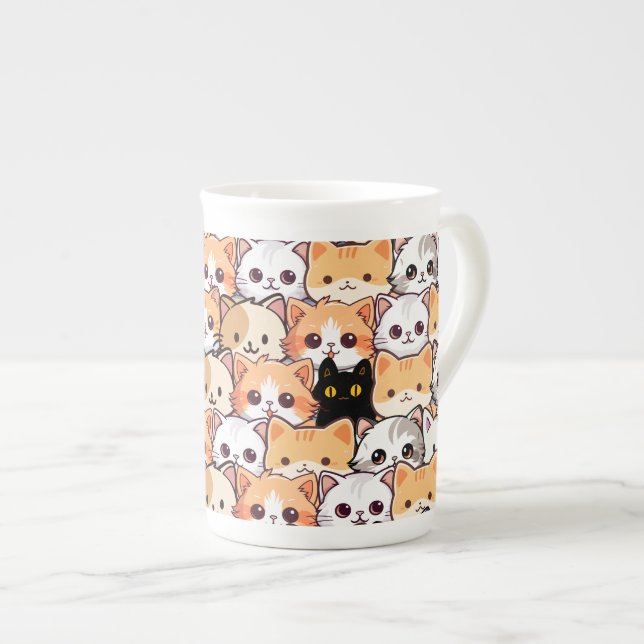 Cute black cat in orange cat pet Seamless Mönster Benporslin Mugg (Framsida höger)