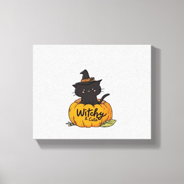 Cute black cat in pumpkin with häxhat, kawaii s. canvastryck (Framsida)