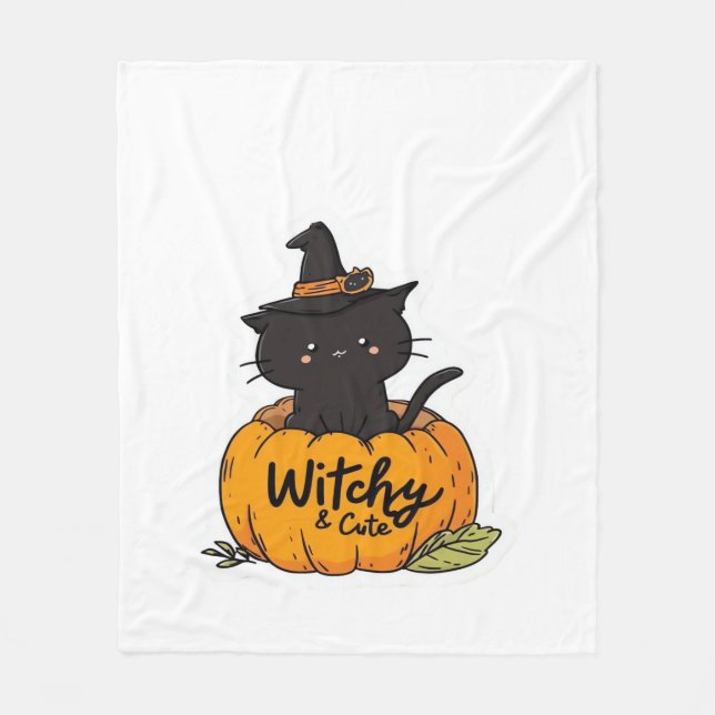 Cute black cat in pumpkin with häxhat, kawaii s. fleecefilt (Framsidan)