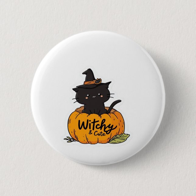 Cute black cat in pumpkin with häxhat, kawaii s. knapp (Framsida)