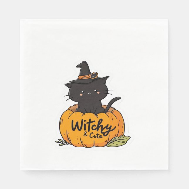 Cute black cat in pumpkin with häxhat, kawaii s. pappersservett (Framsidan)