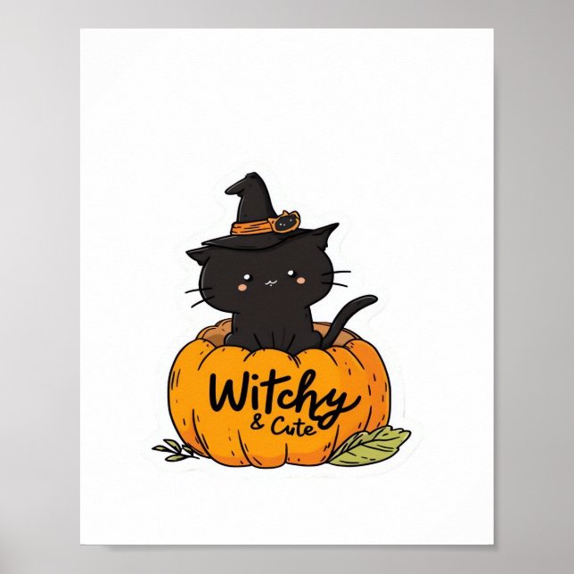 Cute black cat in pumpkin with häxhat, kawaii s. poster (Framsidan)