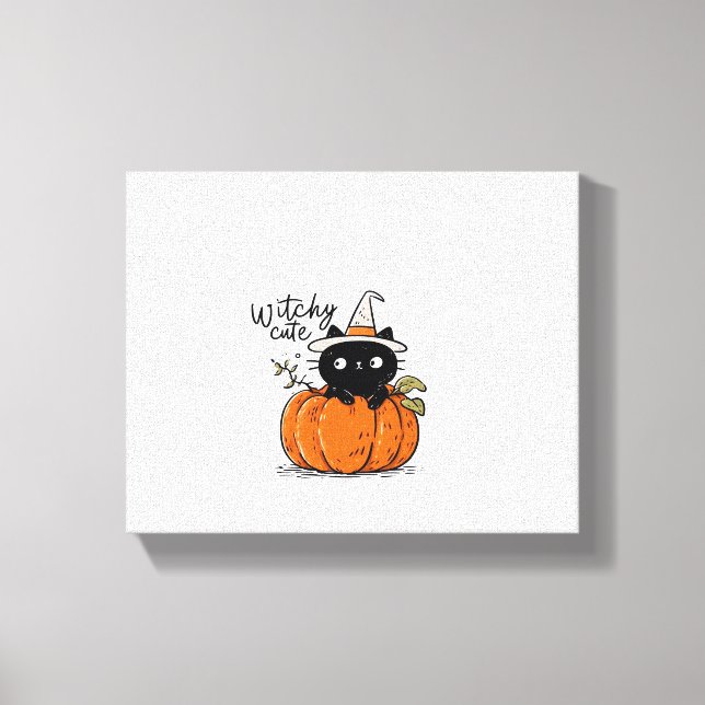 Cute black cat in pumpkin with witch hat Classic T Canvastryck (Framsida)