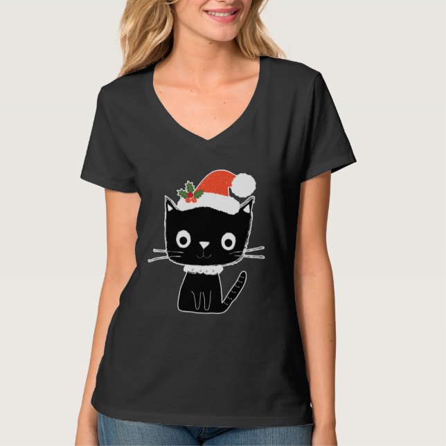 Cute Black Cat in Santa Claus Hat T Shirt (Framsida)