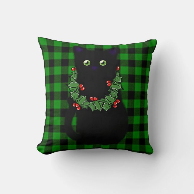 Cute Black cat jul grönt kattunge, svart fläck Kudde (Framsida)