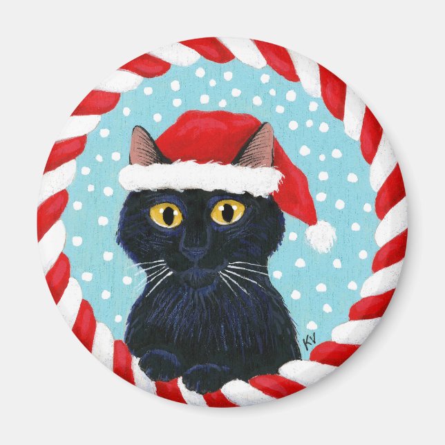 Cute Black cat, julhatt, julvintern snö Magnet (Framsidan)