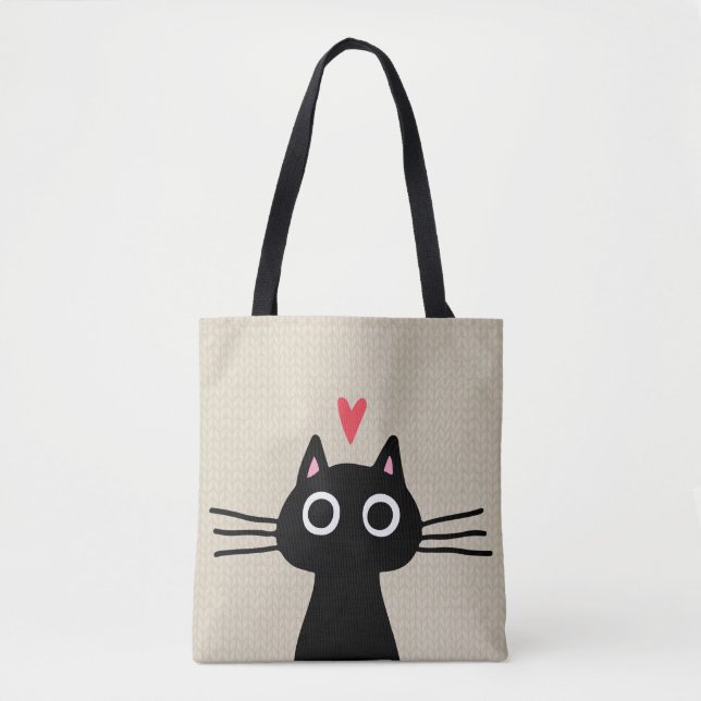 Cute Black Cat| Katti med Valentine Heart Tygkasse (Framsida)