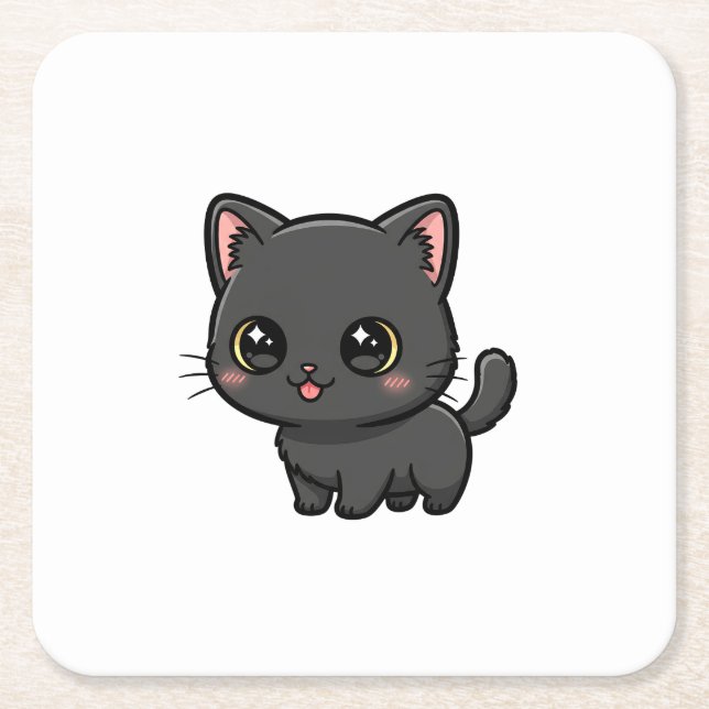 Cute Black Cat Kawaii Underlägg Papper Kvadrat (Framsidan)