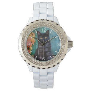 Cute Black Cat Kitten Blue Door Photo - uppringnin Armbandsur