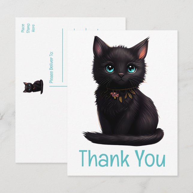 Cute Black Cat Kitten Kattunge Tack Vykort (Fram/baksida)