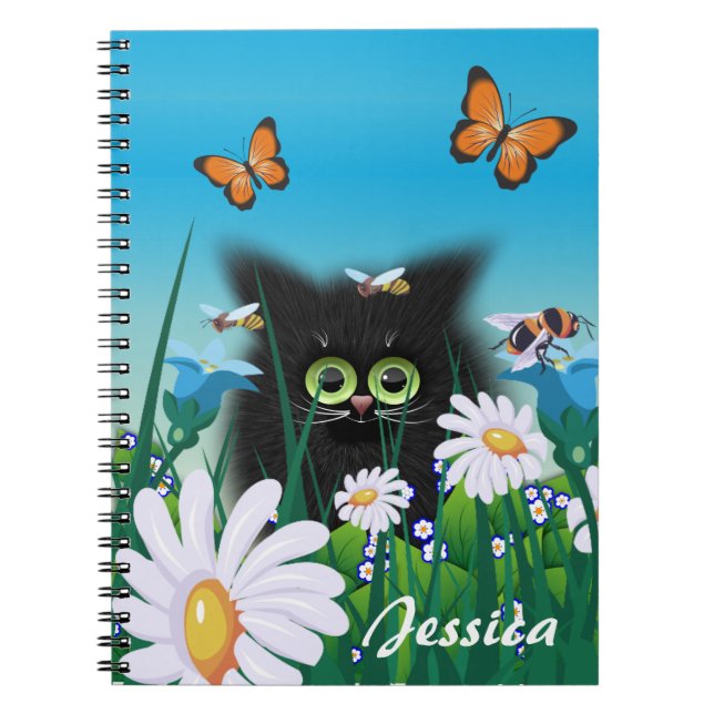 Cute Black Cat Kitten med Daisy Personlig Anteckningsbok (Framsidan)
