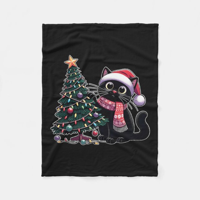 Cute Black Cat Kitten Santa Hat Julgran Xma Fleecefilt (Framsidan)