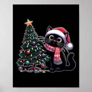 Cute Black Cat Kitten Santa Hat Julgran Xma Poster