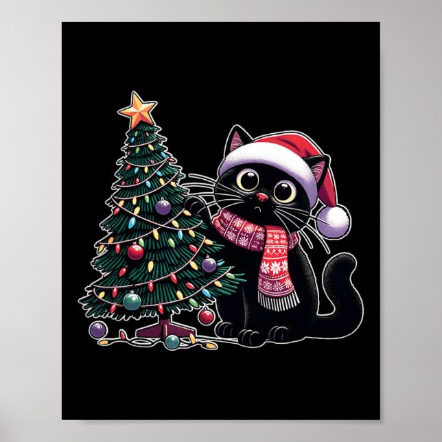 Cute Black Cat Kitten Santa Hat Julgran Xma Poster (Framsidan)