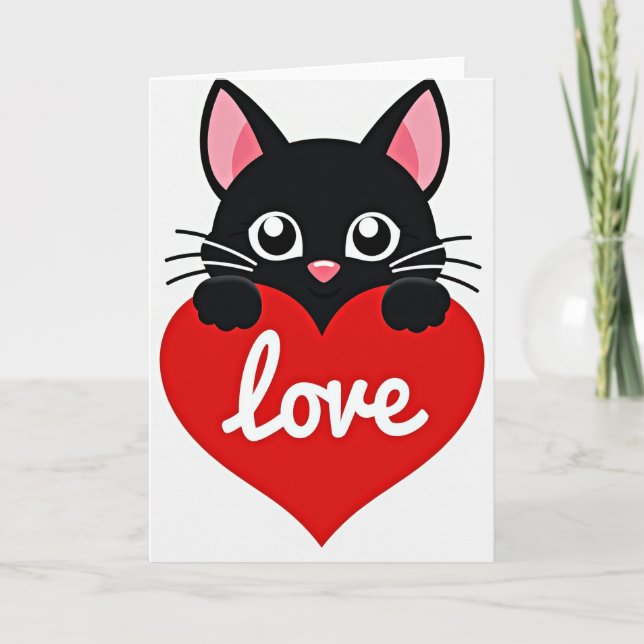 Cute Black Cat Love Heart Card Kort (Framsida)