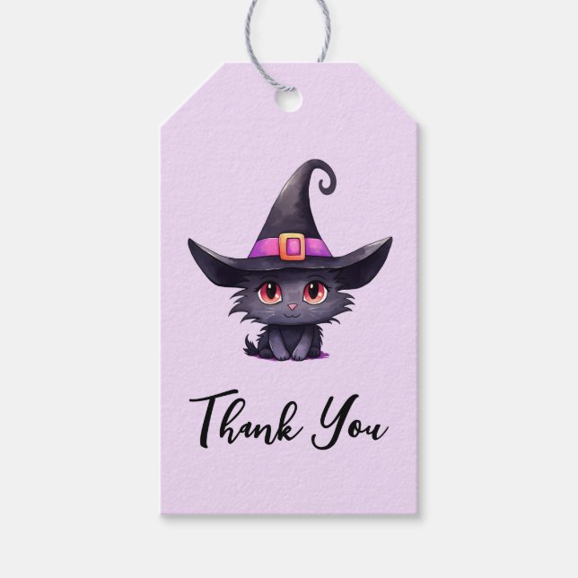 Cute Black Cat med en Witch Hat-Tack Presentetikett (Framsidan)