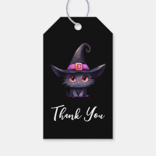 Cute Black Cat med en Witch Hat-Tack Presentetikett