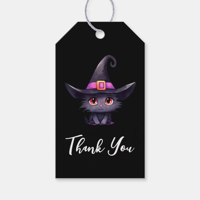 Cute Black Cat med en Witch Hat-Tack Presentetikett (Framsidan)