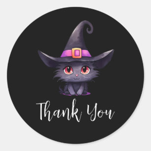 Cute Black Cat med en Witch Hat-Tack Runt Klistermärke