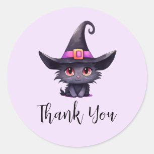 Cute Black Cat med en Witch Hat-Tack Runt Klistermärke