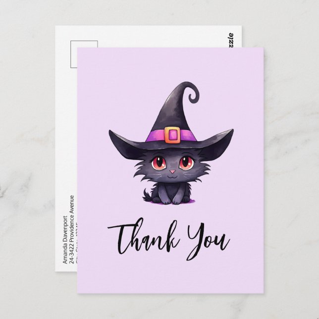 Cute Black Cat med en Witch Hat-Tack Vykort (Fram/baksida)