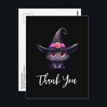 Cute Black Cat med en Witch Hat-Tack Vykort<br><div class="desc">Tack för vykortet med en roligt Halloween-temaillustration för kattälskare. En svart katt med stor svart katt som bär en stor svart häxhatt med en purpur rosa bälte runt bommen.</div>
