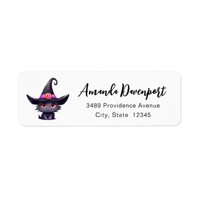 Cute Black Cat med ett Witch Hat Adress Returadress Etikett (Framsidan)