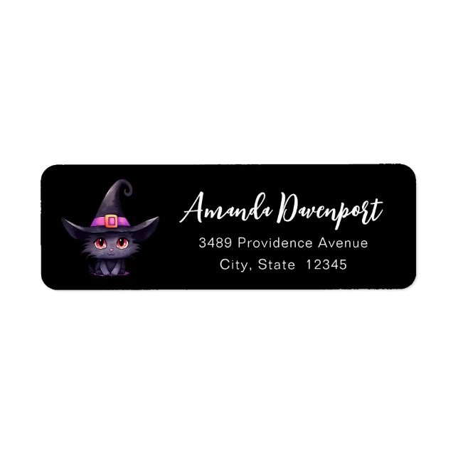 Cute Black Cat med ett Witch Hat Adress Returadress Etikett (Framsidan)