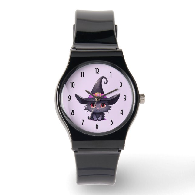 Cute Black Cat med ett Witch Hat Armbandsur (Framsida)